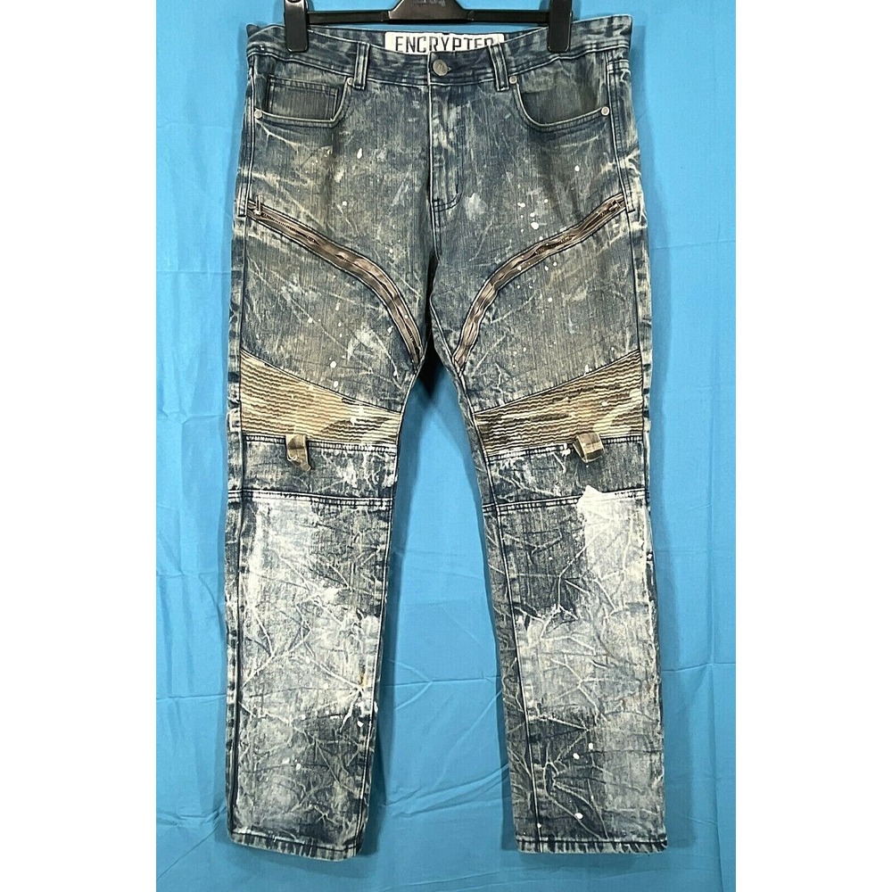 VTG ENCRYPTED Distressed ACID WASH Denim PAINT SPLATTER Zipper MOTO Jeans 38-32